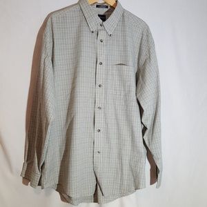 Green and tan plaid button down shirt